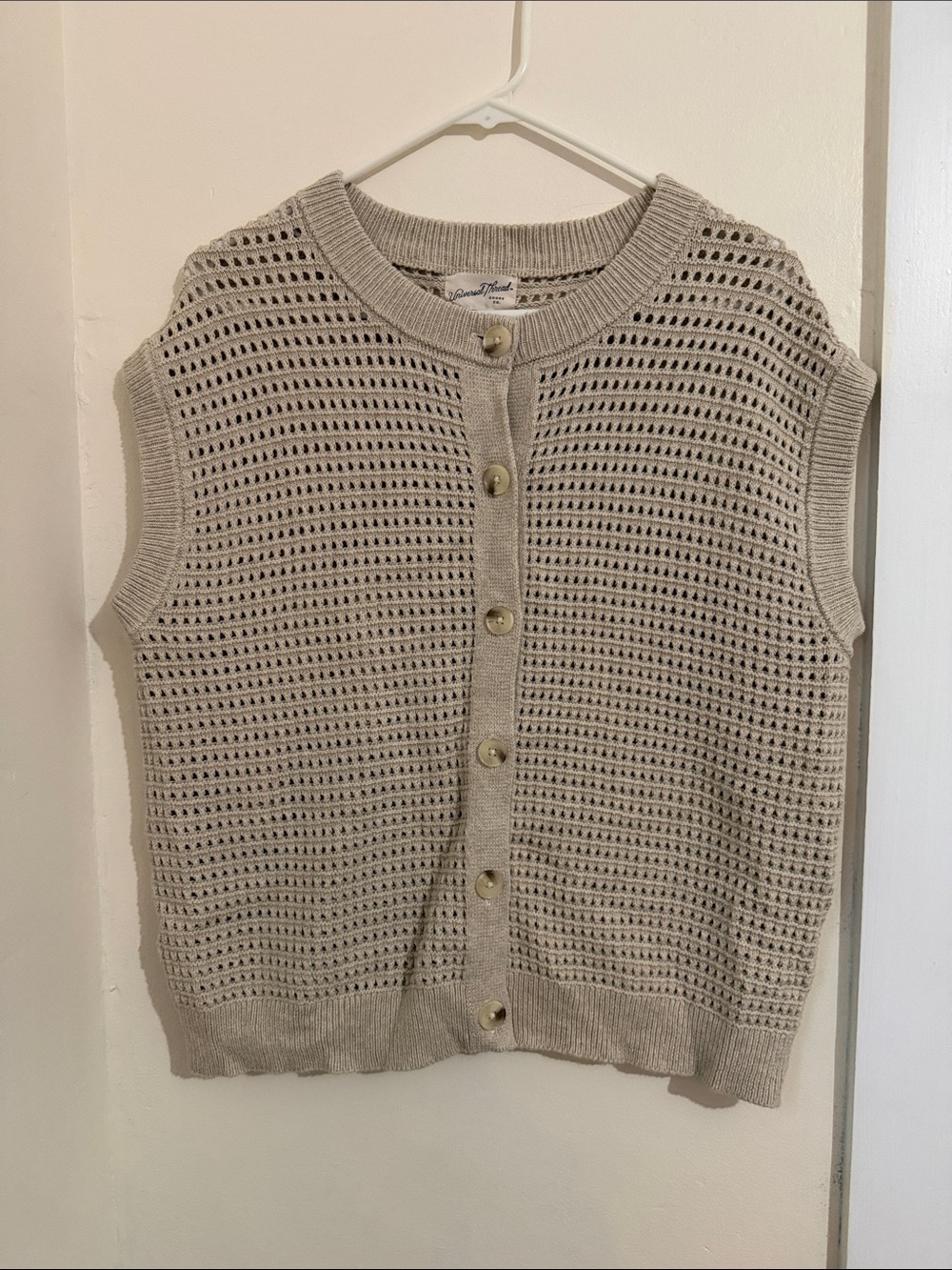 Universal Thread Open-Knit Button Front Sleeveless Cardigan in Beige